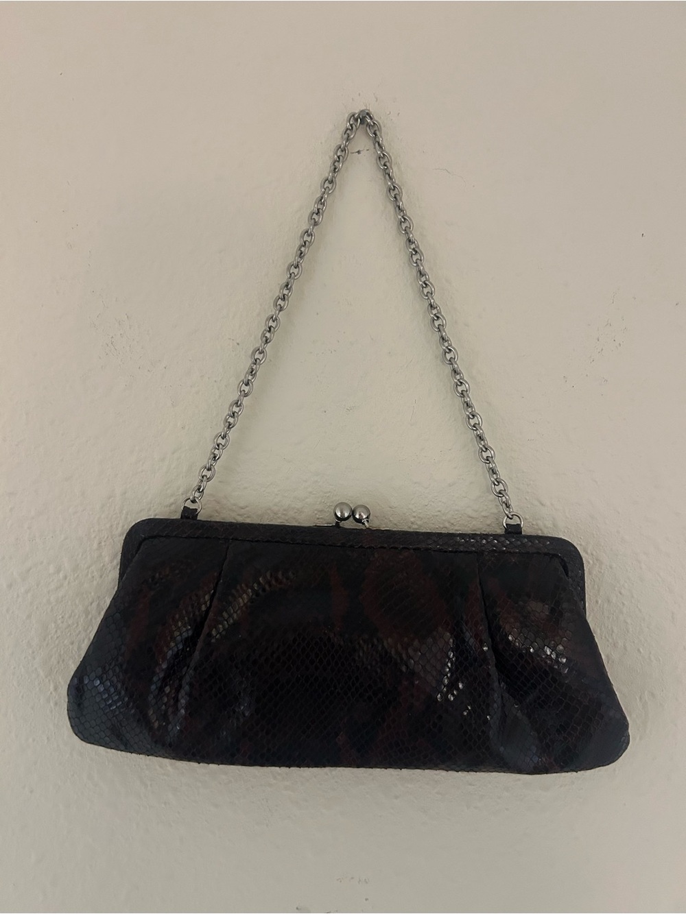 Donald J Pliner Black and Brown Snake-Print Chain Clutch